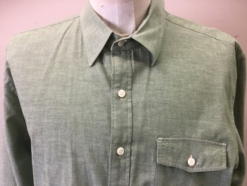 RRL, Sage Green, Cotton, Solid, Button Front, Long Sleeves, Collar Attached, 1 Pocket with Flap, Real Pearl Buttons