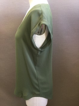 JCREW, Olive Green, Polyester, Solid, Scoop Neck, Cap Sleeves with Cuff, Pull Over, High Low