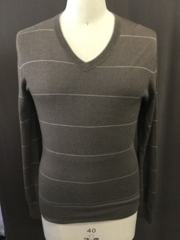 Mens, Pullover Sweater, BANANA REPUBLIC, Beige, Gray, Cotton, Stripes, M, V-neck, Thin Stripes