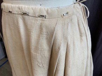 MTO, Beige, Cotton, Basket Weave, Geometric, (Distressed & Aged All Over)  Beige with Basket Weaving Square Texture, Top Stitch Pleats Sides with 3/4" Waist Band, Metal Bars Closure on Waistband, Beige D-string Waistband Tie on the Side,  Floor Length, (worn Out & Frayed Hem)