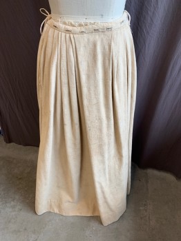 Womens, Historical Fiction Skirt, MTO, Beige, Cotton, Basket Weave, Geometric, W:28, (Distressed & Aged All Over)  Beige with Basket Weaving Square Texture, Top Stitch Pleats Sides with 3/4" Waist Band, Metal Bars Closure on Waistband, Beige D-string Waistband Tie on the Side,  Floor Length, (worn Out & Frayed Hem)