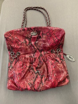Womens, Purse, ELIE TAHARI, Raspberry Pink, Black, Leather, Animal Print, Snakeskin, Envelope, Silver Chain with Leather Ribbon Running Through, Double Strap Adjustable to One Long Strap, Silver Clasp, Gathered