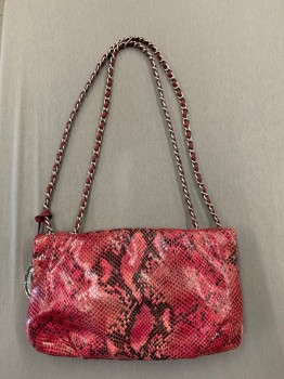 Womens, Purse, ELIE TAHARI, Raspberry Pink, Black, Leather, Animal Print, Snakeskin, Envelope, Silver Chain with Leather Ribbon Running Through, Double Strap Adjustable to One Long Strap, Silver Clasp, Gathered