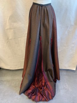 Womens, Historical Fiction Skirt, MTO, Wine Red, Gold, Synthetic, Swirl , Jacquard, W22, 1800s, Snap Closures, Rosettes Near Pleats