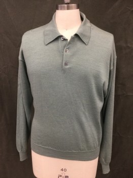 Mens, Pullover Sweater, ALFANI, Sea Foam Green, Wool, Solid, L, Polo Style Sweater, 3 Buttons,  Collar Attached, Long Sleeves, Ribbed Knit Cuff/Waistband