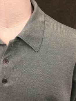 Mens, Pullover Sweater, ALFANI, Sea Foam Green, Wool, Solid, L, Polo Style Sweater, 3 Buttons,  Collar Attached, Long Sleeves, Ribbed Knit Cuff/Waistband