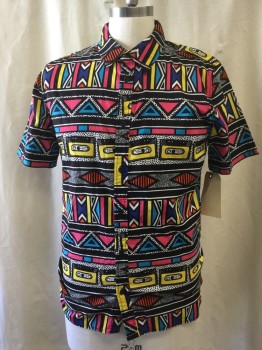 H&M, Black, White, Hot Pink, Yellow, Aqua Blue, Cotton, Geometric, Stripes, Self 80's Inspiration Cassette Print, See Photo Attached, Short Sleeves, Collar Attached, Button Front,