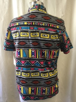 H&M, Black, White, Hot Pink, Yellow, Aqua Blue, Cotton, Geometric, Stripes, Self 80's Inspiration Cassette Print, See Photo Attached, Short Sleeves, Collar Attached, Button Front,