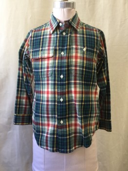 POLO BY RALPH LAUREN, Green, Navy Blue, Red, Yellow, White, Cotton, Plaid, Collar Attached, Long Sleeves, Button Front, Patch Pockets
