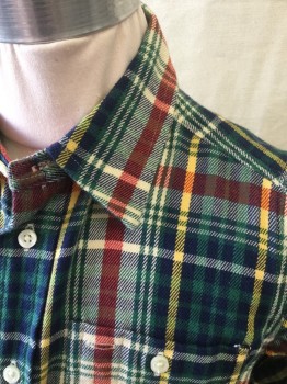 POLO BY RALPH LAUREN, Green, Navy Blue, Red, Yellow, White, Cotton, Plaid, Collar Attached, Long Sleeves, Button Front, Patch Pockets
