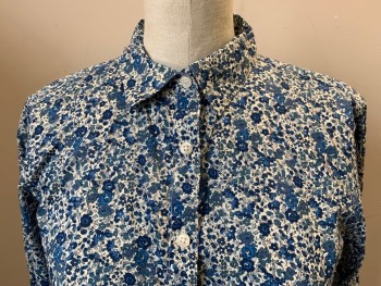 Womens, Blouse, BROOKS BROTHERS, White, Blue, Lt Blue, Dusty Blue, Cotton, Floral, 2, Long Sleeves, Button Front, Collar Attached, Liberty of London Floral