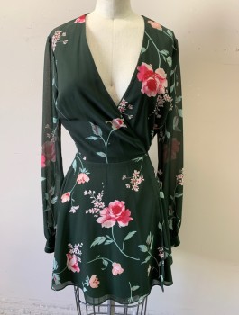Womens, Dress, Long & 3/4 Sleeve, PRIVACY PLEASE, Forest Green, Mint Green, Pink, Polyester, Elastane, Floral, XS, Chiffon, Wrap Dress, V-neck, Hem Above Knee, Sleeves are Sheer/See Through