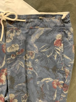 Mens, Shorts, ABERCROMBIE & FITCH, Dk Blue, Maroon Red, Gray, Black, Cotton, Floral, M, Elastic Back Waistband, 4 Pockets, Zip Fly, White Drawstring Waistband
