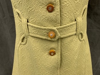 N/L, Avocado Green, Synthetic, Solid, Textured Knit, 1/2 Button Front, Wooden Buttons with Rhinestones, Collar Attached, Mini, Attached Tab Self Belt Through Belt Loops,