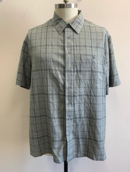 HAGGAR, Gray, Charcoal Gray, Polyester, Plaid, Short Sleeve Button Front, Collar Attached, 1 Patch Pocket with Button Closure