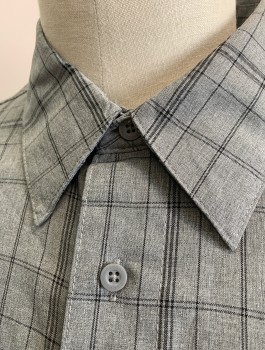 Mens, Casual Shirt, HAGGAR, Gray, Charcoal Gray, Polyester, Plaid, 2XLT, Short Sleeve Button Front, Collar Attached, 1 Patch Pocket with Button Closure