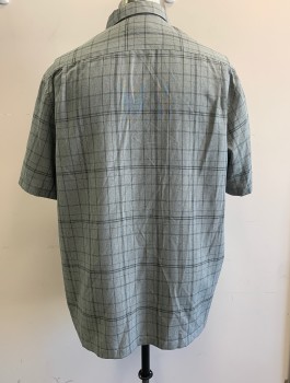 HAGGAR, Gray, Charcoal Gray, Polyester, Plaid, Short Sleeve Button Front, Collar Attached, 1 Patch Pocket with Button Closure