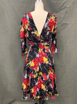 Womens, Dress, Long & 3/4 Sleeve, TRASHY DIVA, Black, Red, Lt Blue, Green, Maroon Red, Viscose, Floral, Sz..6, V-neck, Gathered Top with Horizontal Stitching Above Chest, 3/4 Sleeve, Panelled Waistband, Gored Skirt, Zip Back