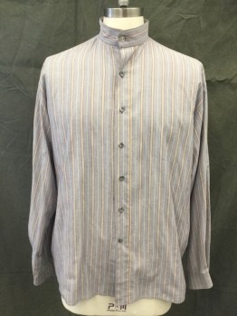 N/L, Navy Blue, White, Maroon Red, Tan Brown, Cotton, Check - Micro , Stripes, Navy/White Micro Check with Maroon/Tan/White Stripes, Button Front, Stand Collar, Long Sleeves, *Pen Marks, Old West