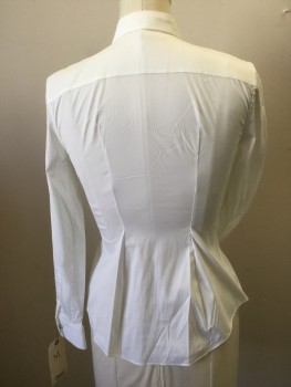 THEORY, White, Cotton, Nylon, Solid, Stretchy, Collar Attached, Button Front, Long Sleeves, Curved Hem