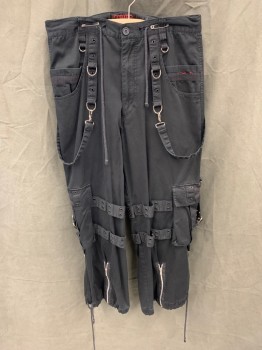 Mens, Casual Pants, TRIPP NYC, Black, Cotton, Solid, 34/29, Zip Fly, Drawstring Waist, 6+ Pockets, 2 Cargo Pockets, Attached Grommetted Strap Attached to Front with D Rings and Straps That Attached to Back Pockets, Drawstring Cuffs, Zipper Details Back and Front, Grommetted Straps Attached Around Knees