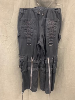 TRIPP NYC, Black, Cotton, Solid, Zip Fly, Drawstring Waist, 6+ Pockets, 2 Cargo Pockets, Attached Grommetted Strap Attached to Front with D Rings and Straps That Attached to Back Pockets, Drawstring Cuffs, Zipper Details Back and Front, Grommetted Straps Attached Around Knees
