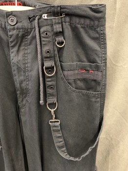 TRIPP NYC, Black, Cotton, Solid, Zip Fly, Drawstring Waist, 6+ Pockets, 2 Cargo Pockets, Attached Grommetted Strap Attached to Front with D Rings and Straps That Attached to Back Pockets, Drawstring Cuffs, Zipper Details Back and Front, Grommetted Straps Attached Around Knees