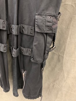 Mens, Casual Pants, TRIPP NYC, Black, Cotton, Solid, 34/29, Zip Fly, Drawstring Waist, 6+ Pockets, 2 Cargo Pockets, Attached Grommetted Strap Attached to Front with D Rings and Straps That Attached to Back Pockets, Drawstring Cuffs, Zipper Details Back and Front, Grommetted Straps Attached Around Knees