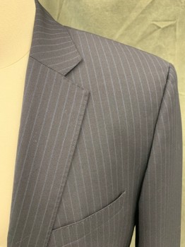 HUGO BOSS, Navy Blue, Blue, Wool, Stripes - Pin, Single Breasted, Collar Attached, Notched Lapel, Hand Picked Collar/Lapel, 3 Pockets, 2 Buttons
