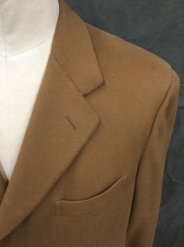 Mens, Coat, Overcoat, SULKA, Tobacco Brown, Cashmere, Solid, 44, Single Breasted, Hidden Placket, Collar Attached, Notched Lapel, Hand Picked Collar/Lapel, 3 Pockets, Long Sleeves