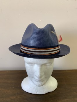 Mens, Fedora, STEFENO, Paper, Solid, 7 3/8, L, Navy, Orange, Dark Brown,  Light Gray Stripped Hat Band, Colorful Feather Side Detail