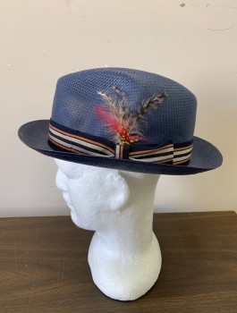 STEFENO, Paper, Solid, Navy, Orange, Dark Brown,  Light Gray Stripped Hat Band, Colorful Feather Side Detail