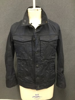 Mens, Jean Jacket, G-STAR RAW, Navy Blue, Cotton, Solid, XL, Zip/Button Front, 4 Pockets, Pointy Collar Attached with Snap Closures, Long Sleeves, Triangular Snap Cuffs with Zip, Reinforced Elbows