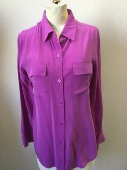EQUIPMENT, Magenta Purple, Silk, Solid, Collar Attached, Long Sleeves, Button Front, Pocket Flaps