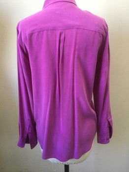 EQUIPMENT, Magenta Purple, Silk, Solid, Collar Attached, Long Sleeves, Button Front, Pocket Flaps