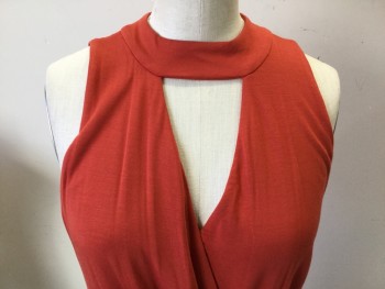 BEBE, Rust Orange, Modal, Spandex, Solid, Sleeveless, Pull Over, V-neck, with Collar Band, Keyhole Back, Surplice Wrap Front