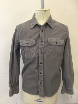 Mens, Casual Shirt, JEAN SHOP, Lt Gray, Cotton, Solid, XL, Corduroy, Button Front, Collar Attached, Long Sleeves, 2 Flap Pockets