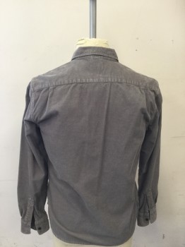 JEAN SHOP, Lt Gray, Cotton, Solid, Corduroy, Button Front, Collar Attached, Long Sleeves, 2 Flap Pockets