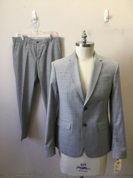 ZARA, Lt Gray, Gray, Polyester, Elastane, Plaid-  Windowpane, Heathered, 2 Buttons,  Single Breasted, 2 Pockets, Notched Lapel,