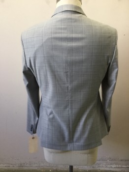 ZARA, Lt Gray, Gray, Polyester, Elastane, Plaid-  Windowpane, Heathered, 2 Buttons,  Single Breasted, 2 Pockets, Notched Lapel,