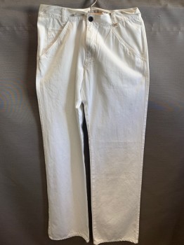 Mens, Casual Pants, VERSACE CLASSIC, White, Cotton, Solid, 34/34, Flat Front, Twill, Jean Style Pockets, Gold Detail Left Belt Loops