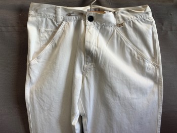 Mens, Casual Pants, VERSACE CLASSIC, White, Cotton, Solid, 34/34, Flat Front, Twill, Jean Style Pockets, Gold Detail Left Belt Loops