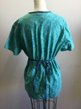 Unisex, Scrub Top, NL, Green, Navy Blue, Cotton, Floral, S, Foliage Print on Mottled Minty Background. Teal Trim at V. Neck with Diagonal Cross Strap Short Sleeves, Adjustable Waist with Back Waist Tie