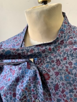 Womens, Blouse, J.CREW, Slate Blue, Plum Purple, Blue, Mauve Pink, Cotton, Floral, XS, Liberty of London Print, 3/4 Sleeves, Button Front, Self Tie Bow Neck, Puffy Gathered Shoulders