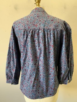 Womens, Blouse, J.CREW, Slate Blue, Plum Purple, Blue, Mauve Pink, Cotton, Floral, XS, Liberty of London Print, 3/4 Sleeves, Button Front, Self Tie Bow Neck, Puffy Gathered Shoulders