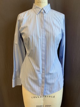 Womens, Blouse, BROOKS BROTHERS, White, Lt Blue, Cotton, Stripes, 4, Collar Attached, Button Front, Hidden Button Placket, Long Sleeves, 2 Button Cuffs