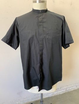 Unisex, Shirt, R.J. TOOMEY, Black, Poly/Cotton, Solid, N:17.5, Priest/Clergical, Short Sleeves, Button Front, Band Collar,  2 Patch Pockets