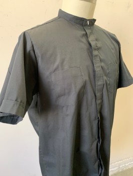 Unisex, Shirt, R.J. TOOMEY, Black, Poly/Cotton, Solid, N:17.5, Priest/Clergical, Short Sleeves, Button Front, Band Collar,  2 Patch Pockets