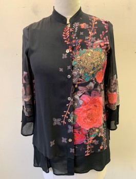 CITRON, Black, Multi-color, Silk, Asian Inspired Theme, Floral, Chiffon, 3/4 Sleeves, Button Front, Mandarin Collar, Solid Black Chiffon Underlayer That Peeks Out at Hem/Cuffs