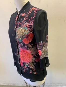 Womens, Blouse, CITRON, Black, Multi-color, Silk, Asian Inspired Theme, Floral, M, Chiffon, 3/4 Sleeves, Button Front, Mandarin Collar, Solid Black Chiffon Underlayer That Peeks Out at Hem/Cuffs